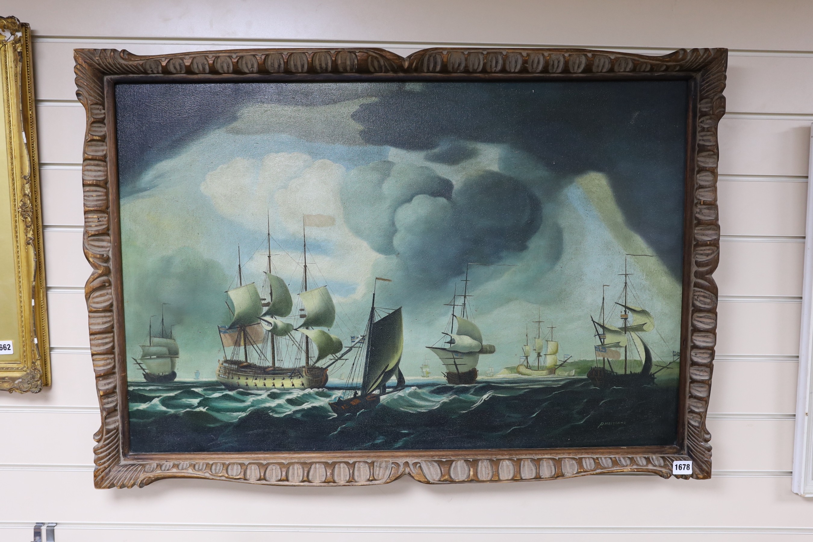 After Paul Maitland, oil on canvas, 18th century shipping scene, bears signature, 60 x 90cm.